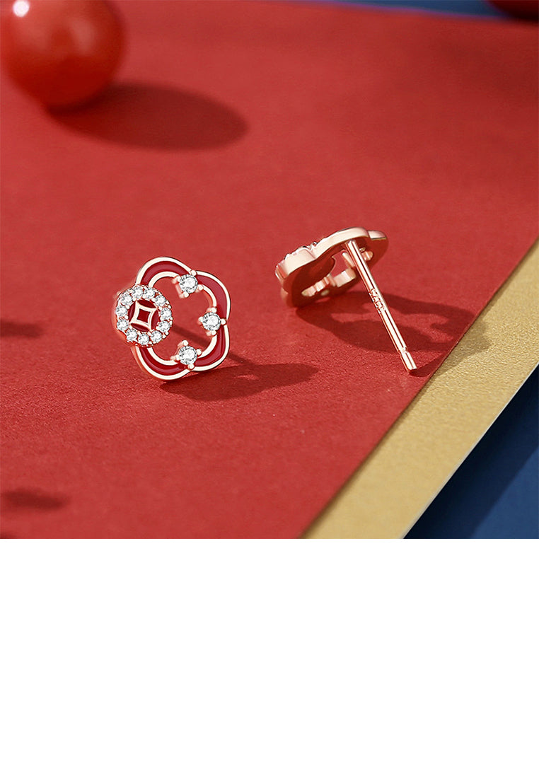 925 Sterling Silver Plated Rose Gold Fashion and Creative Coin Hollow Flower Stud Earrings with Cubic Zirconia - Luxurious Look