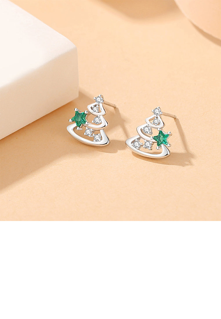 925 Sterling Silver Simple Cute Christmas Tree Stud Earrings with Cubic Zirconia - Luxurious Look