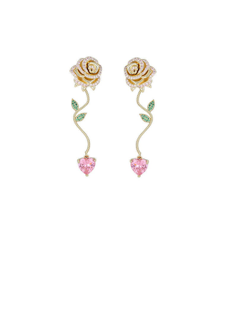 Fashion and Romantic Plated Gold Rose Long Stud Earrings with Cubic Zirconia - Luxurious Look