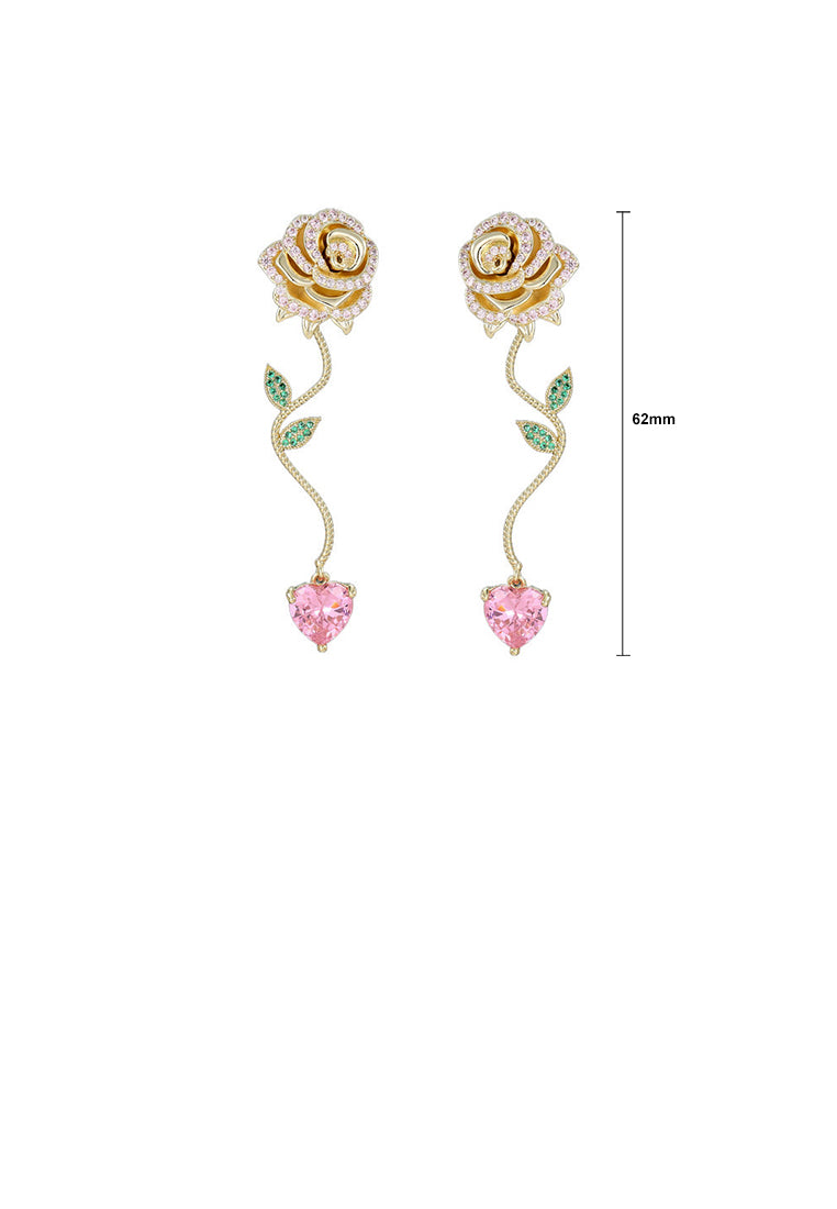 Fashion and Romantic Plated Gold Rose Long Stud Earrings with Cubic Zirconia - Luxurious Look