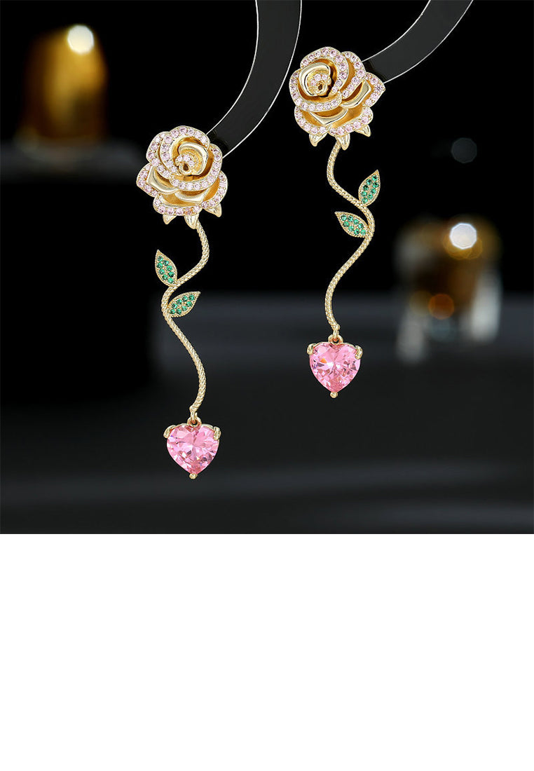 Fashion and Romantic Plated Gold Rose Long Stud Earrings with Cubic Zirconia - Luxurious Look