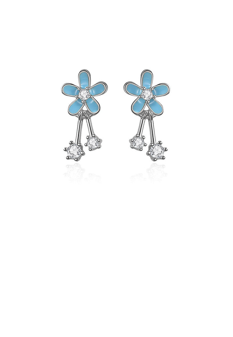 925 Sterling Silver Simple Fashion Enamel Blue Flower Stud Earrings with Cubic Zirconia - Luxurious Look