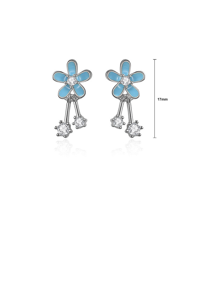 925 Sterling Silver Simple Fashion Enamel Blue Flower Stud Earrings with Cubic Zirconia - Luxurious Look