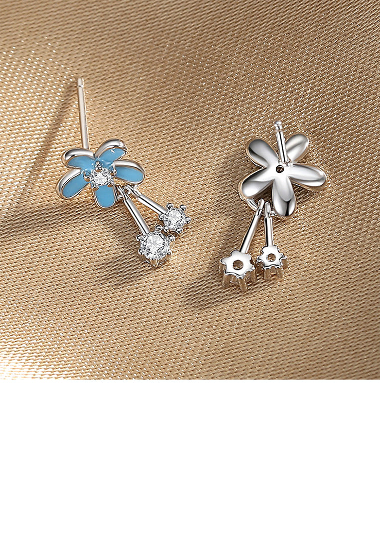 925 Sterling Silver Simple Fashion Enamel Blue Flower Stud Earrings with Cubic Zirconia - Luxurious Look