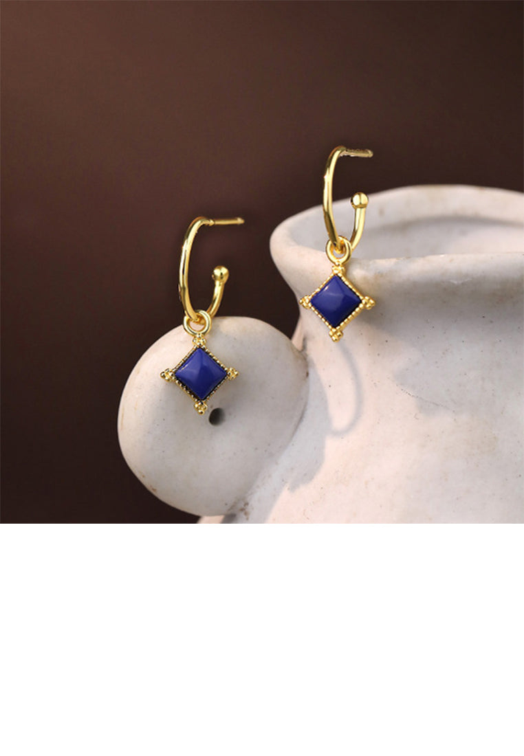 925 Sterling Silver Plated Gold Fashion Simple Geometric Rhombus Lapis Lazuli Earrings