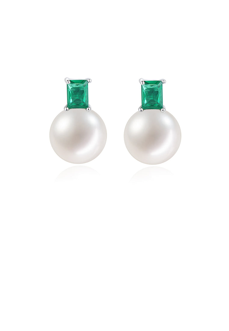 925 Sterling Silver Simple Elegant Geometric Imitation Pearl Stud Earrings with Green Cubic Zirconia - Luxurious Look