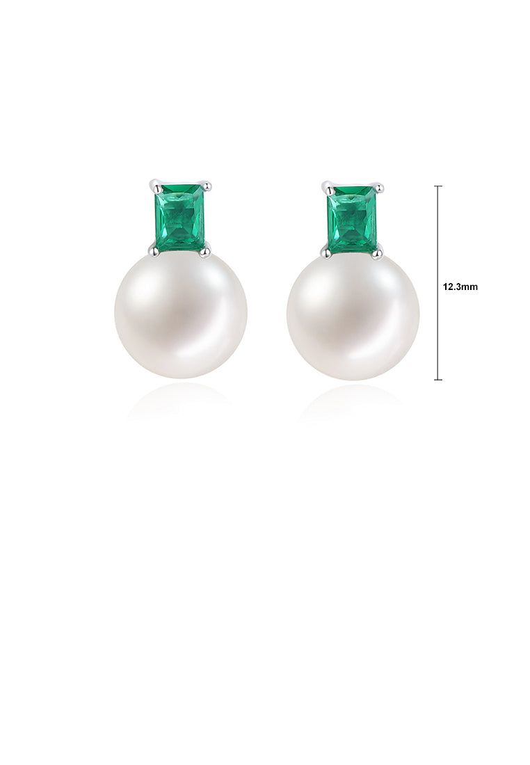 925 Sterling Silver Simple Elegant Geometric Imitation Pearl Stud Earrings with Green Cubic Zirconia - Luxurious Look