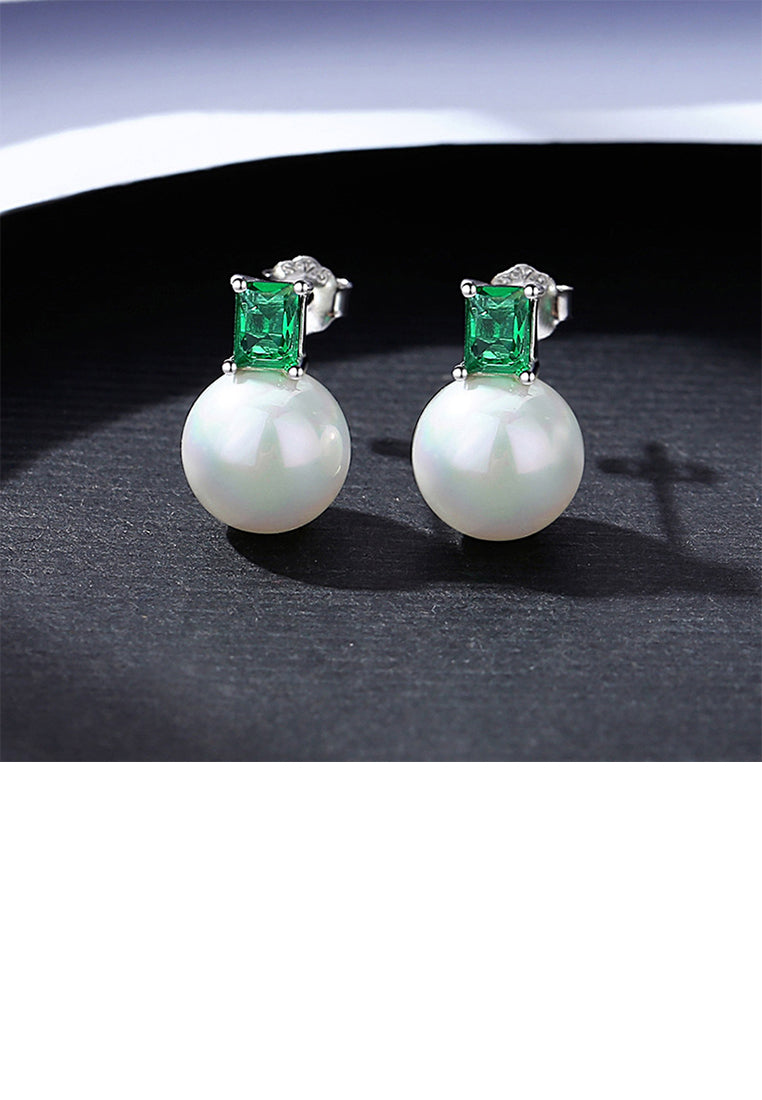 925 Sterling Silver Simple Elegant Geometric Imitation Pearl Stud Earrings with Green Cubic Zirconia - Luxurious Look