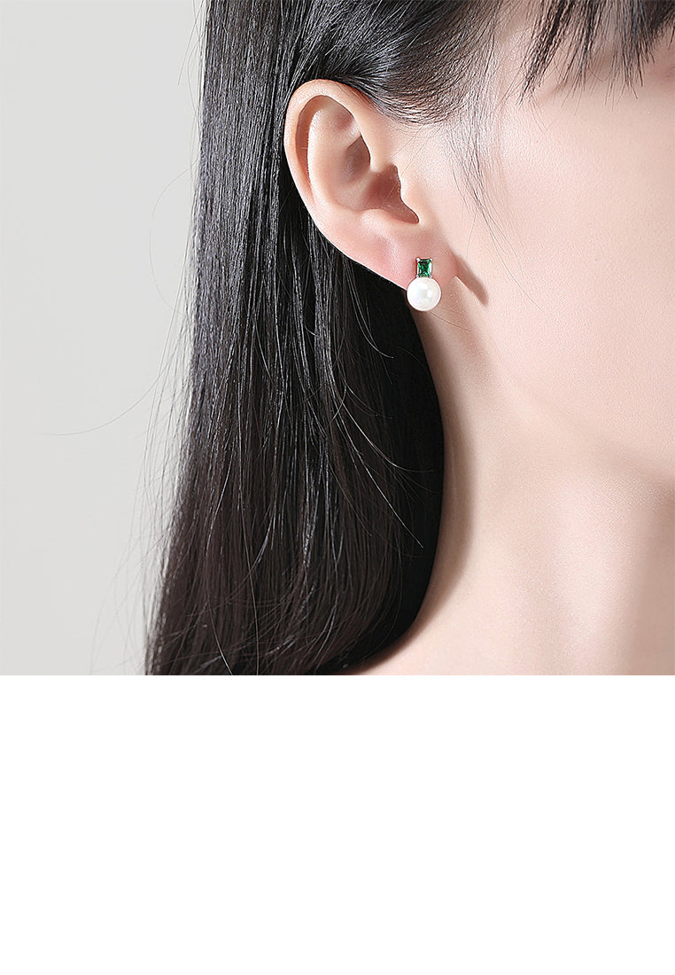 925 Sterling Silver Simple Elegant Geometric Imitation Pearl Stud Earrings with Green Cubic Zirconia - Luxurious Look