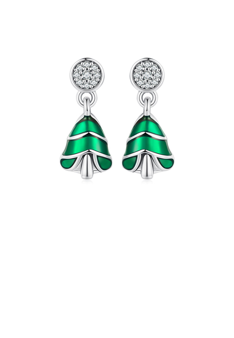 925 Sterling Silver Simple Cute Enamel Christmas Tree Stud Earrings with Cubic Zirconia - Luxurious Look