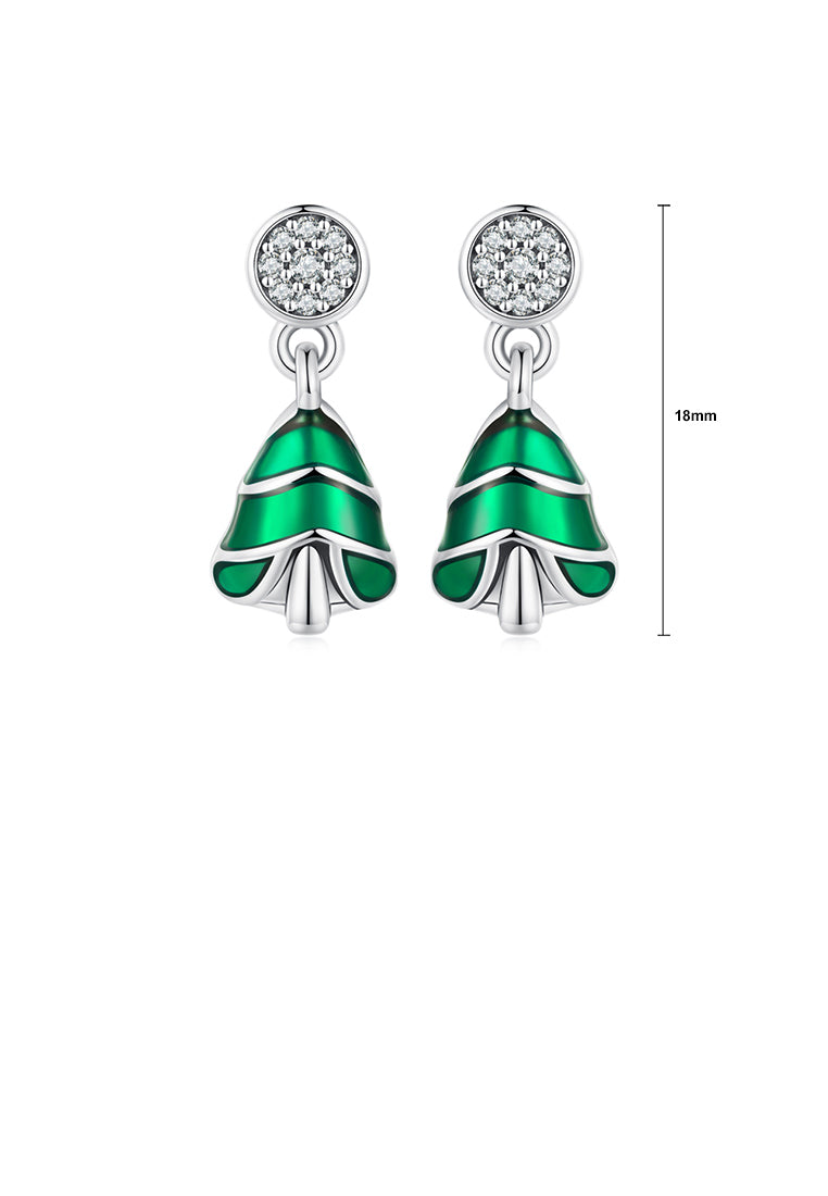 925 Sterling Silver Simple Cute Enamel Christmas Tree Stud Earrings with Cubic Zirconia - Luxurious Look