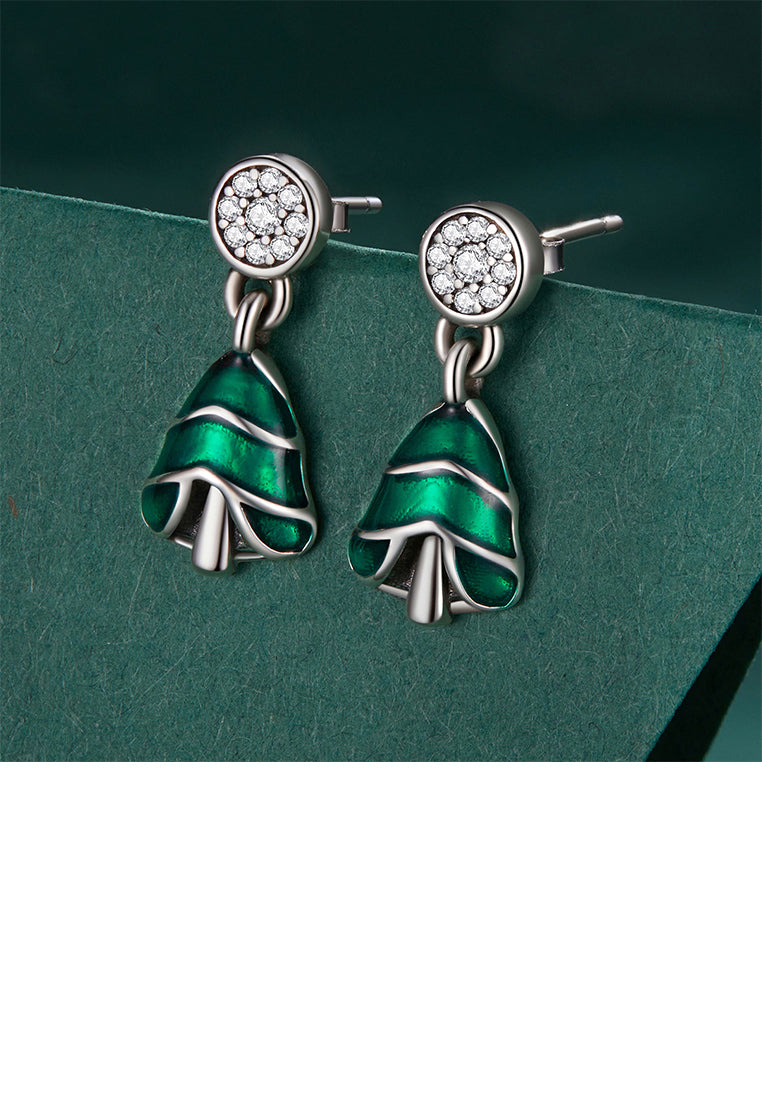 925 Sterling Silver Simple Cute Enamel Christmas Tree Stud Earrings with Cubic Zirconia - Luxurious Look