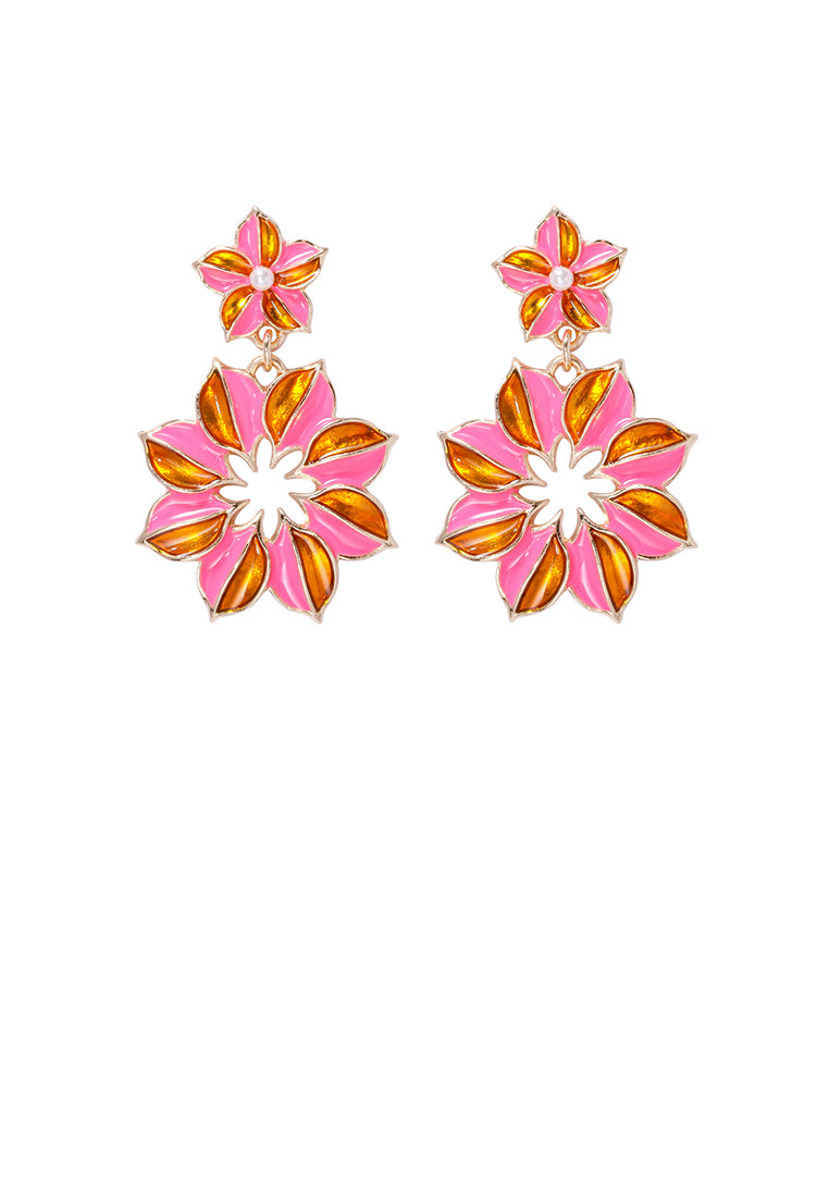 Fashion and Simple Plated Gold Enamel Pink Flower Earrings - Vibrant Color