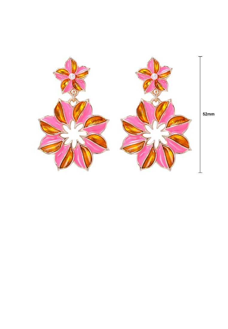 Fashion and Simple Plated Gold Enamel Pink Flower Earrings - Vibrant Color