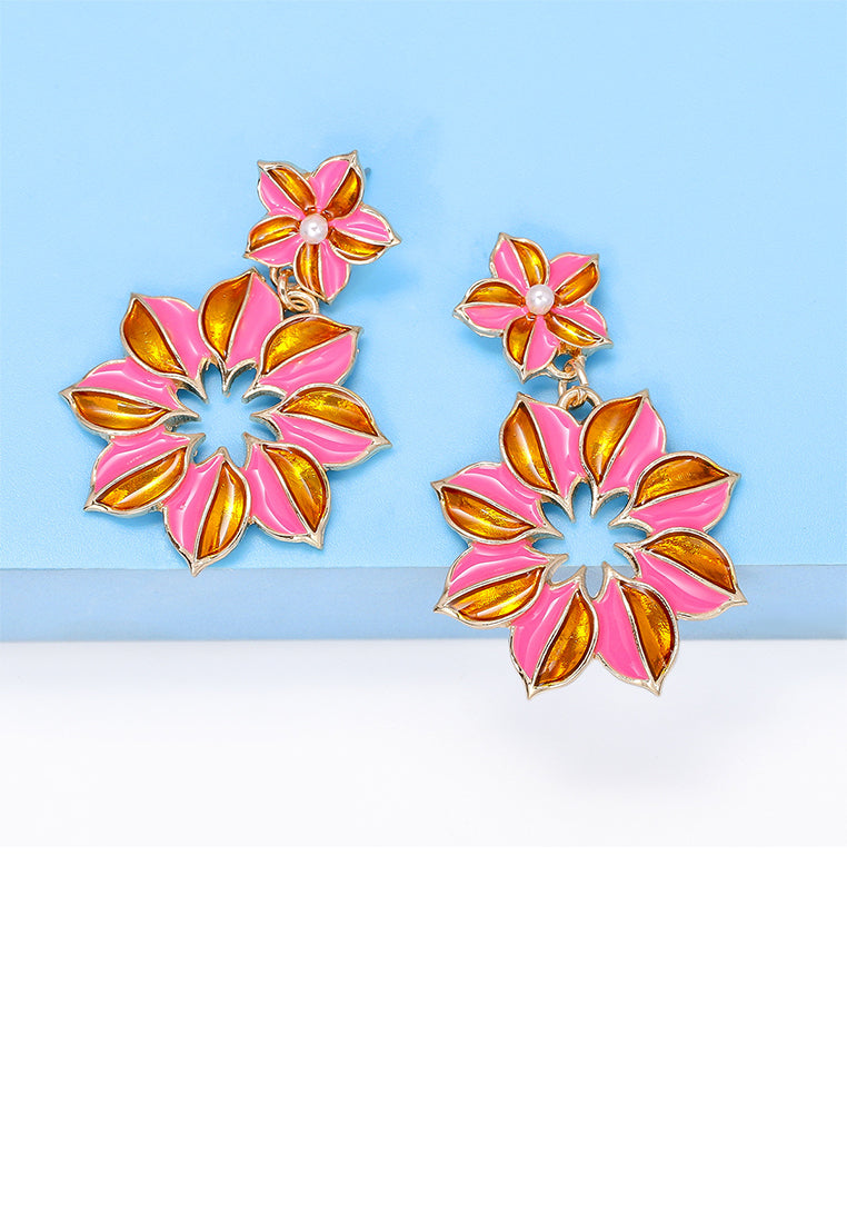 Fashion and Simple Plated Gold Enamel Pink Flower Earrings - Vibrant Color