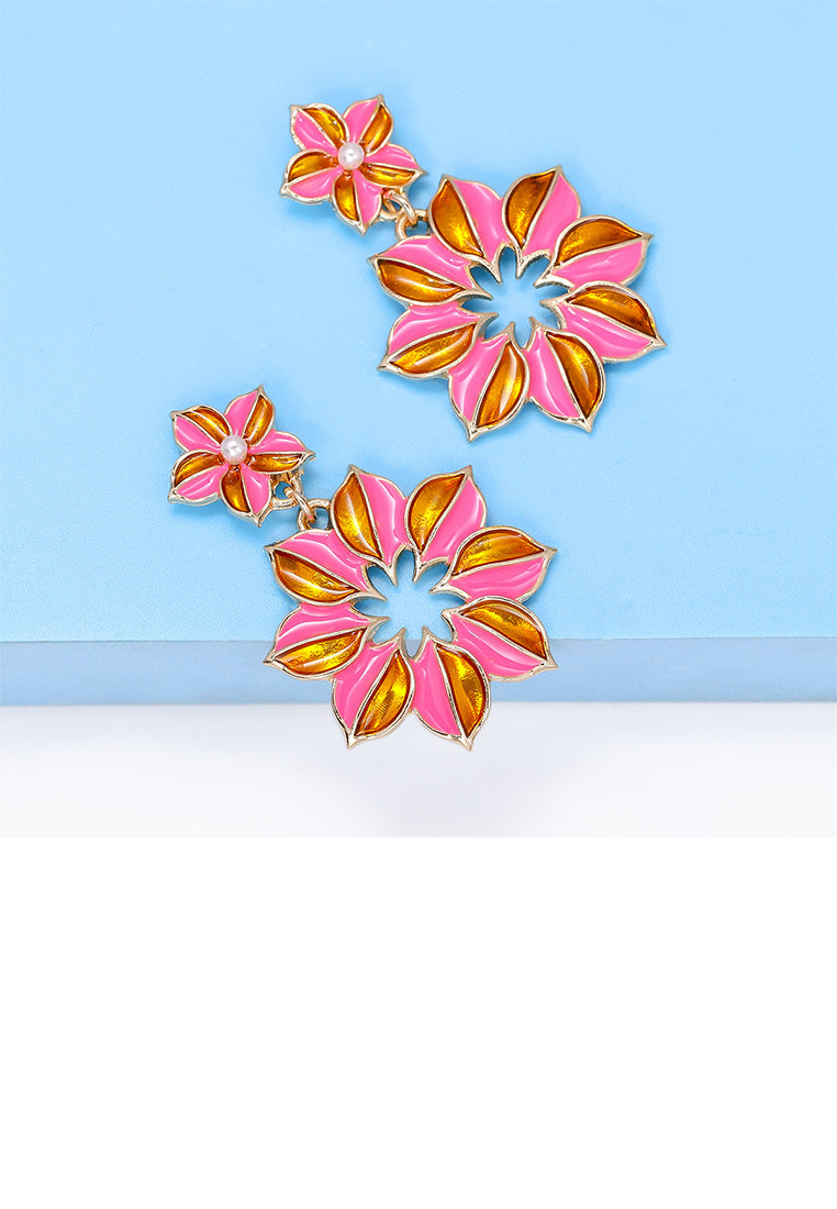 Fashion and Simple Plated Gold Enamel Pink Flower Earrings - Vibrant Color