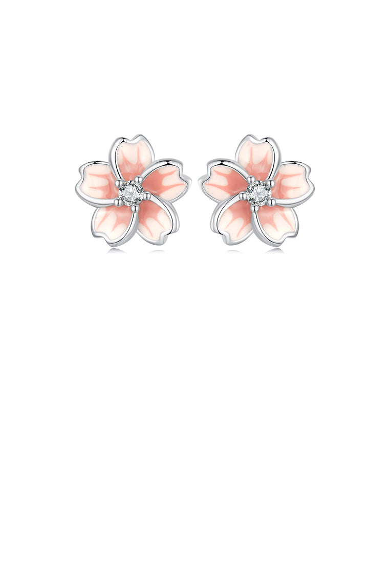 925 Sterling Silver Simple Sweet Enamel Pink Cherry Blossom Stud Earrings with Cubic Zirconia - Luxurious Look - Vibrant Color