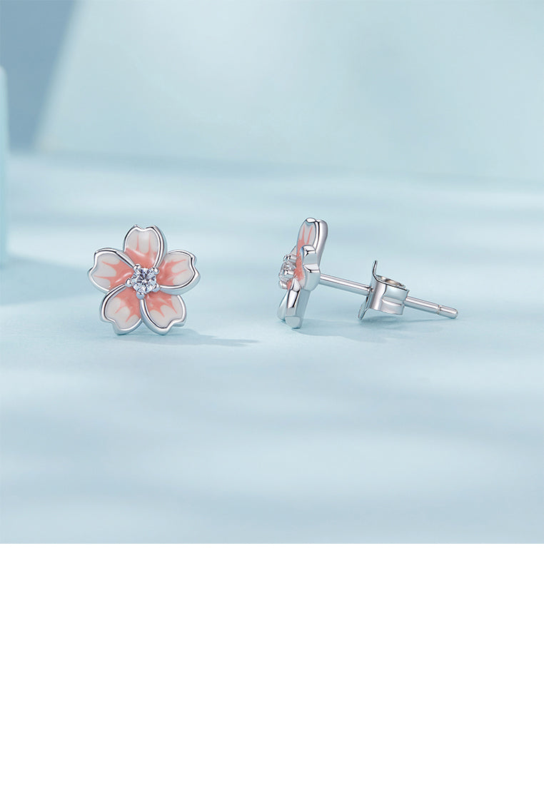 925 Sterling Silver Simple Sweet Enamel Pink Cherry Blossom Stud Earrings with Cubic Zirconia - Luxurious Look - Vibrant Color