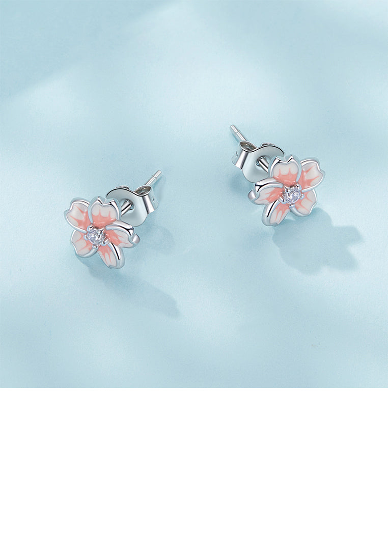 925 Sterling Silver Simple Sweet Enamel Pink Cherry Blossom Stud Earrings with Cubic Zirconia - Luxurious Look - Vibrant Color