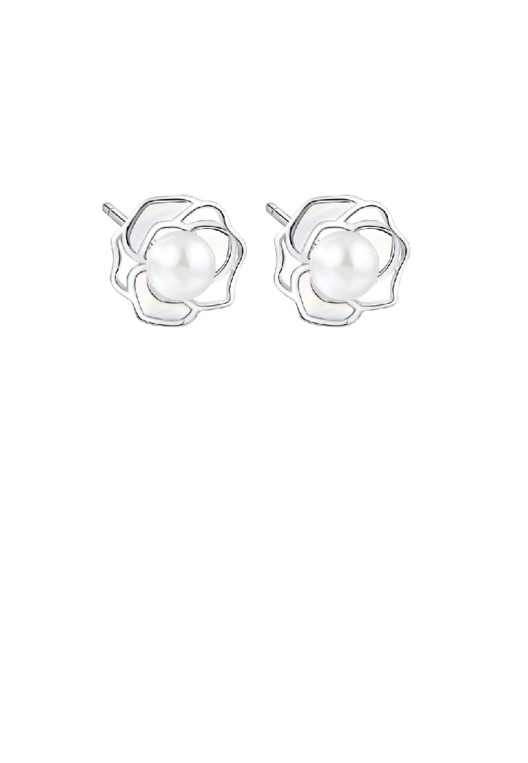 925 Sterling Silver Elegant Camellia Freshwater Pearl Stud Earrings - Luxurious Look