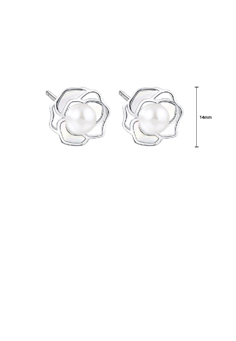925 Sterling Silver Elegant Camellia Freshwater Pearl Stud Earrings - Luxurious Look