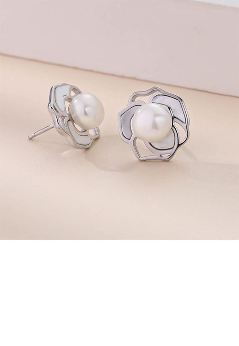 925 Sterling Silver Elegant Camellia Freshwater Pearl Stud Earrings - Luxurious Look