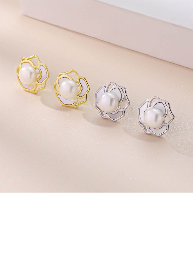 925 Sterling Silver Elegant Camellia Freshwater Pearl Stud Earrings - Luxurious Look