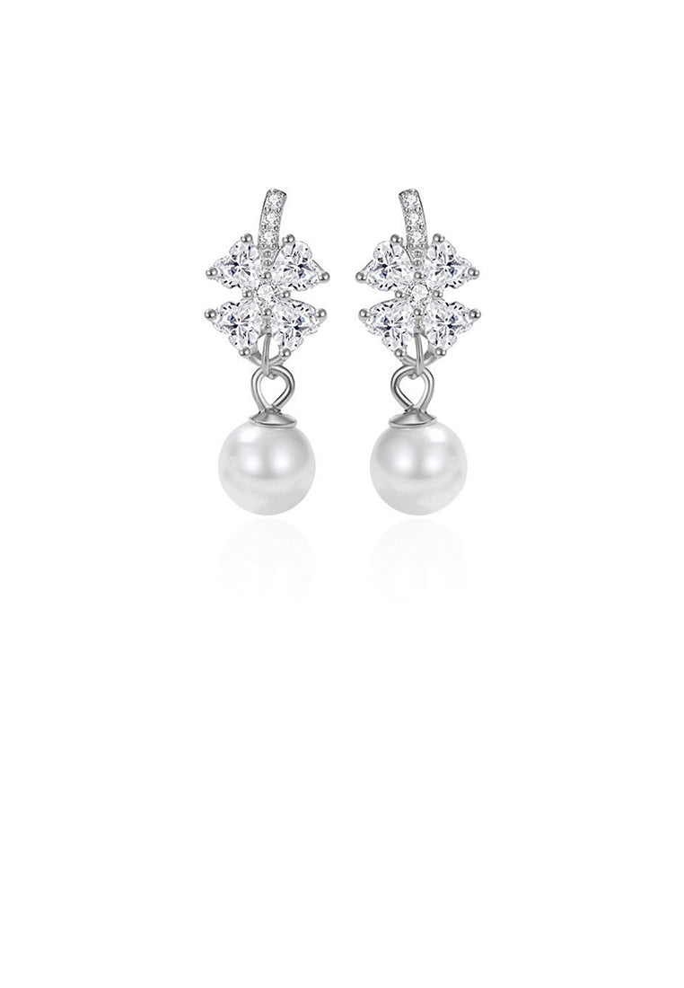 925 Sterling Silver Fashion and Simple Four-leafed Clover Imitation Pearl Earrings with Cubic Zirconia - Luxurious Look