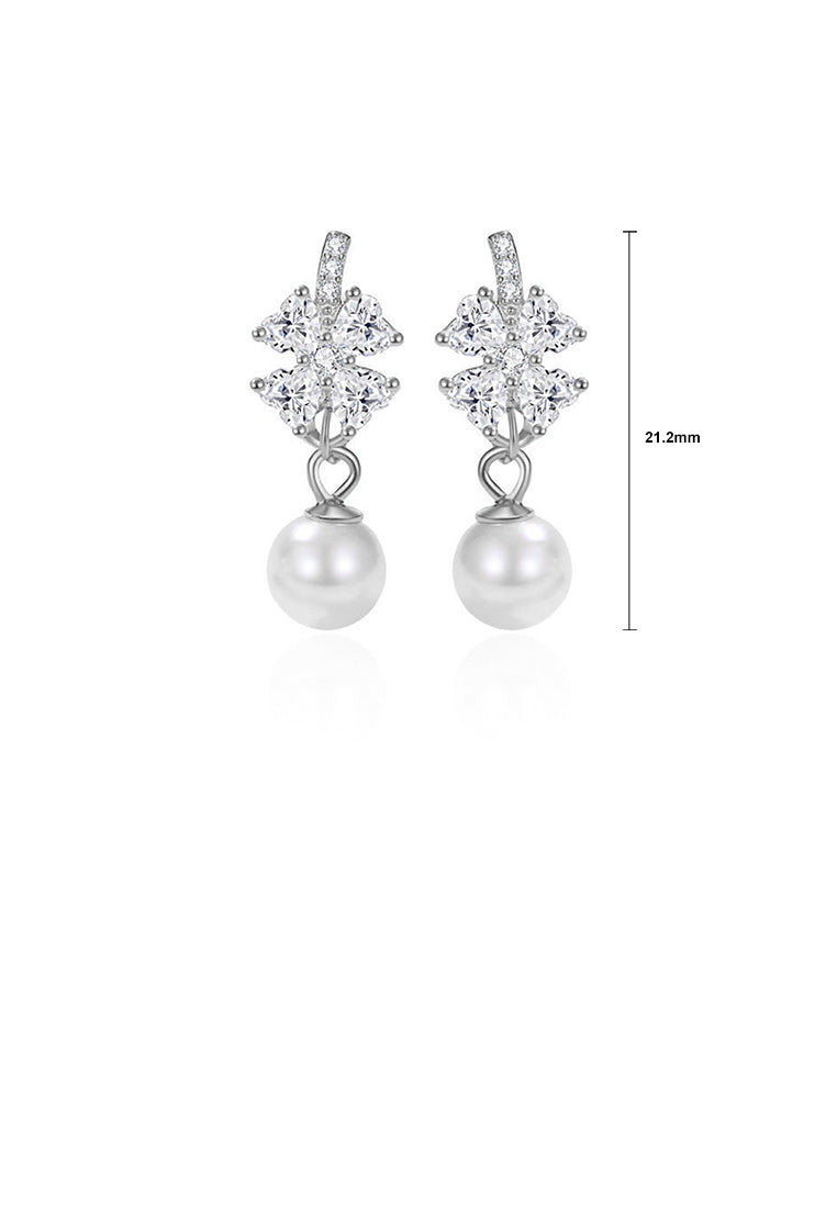 925 Sterling Silver Fashion and Simple Four-leafed Clover Imitation Pearl Earrings with Cubic Zirconia - Luxurious Look