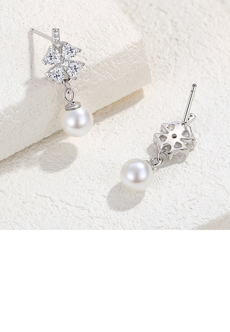 925 Sterling Silver Fashion and Simple Four-leafed Clover Imitation Pearl Earrings with Cubic Zirconia - Luxurious Look