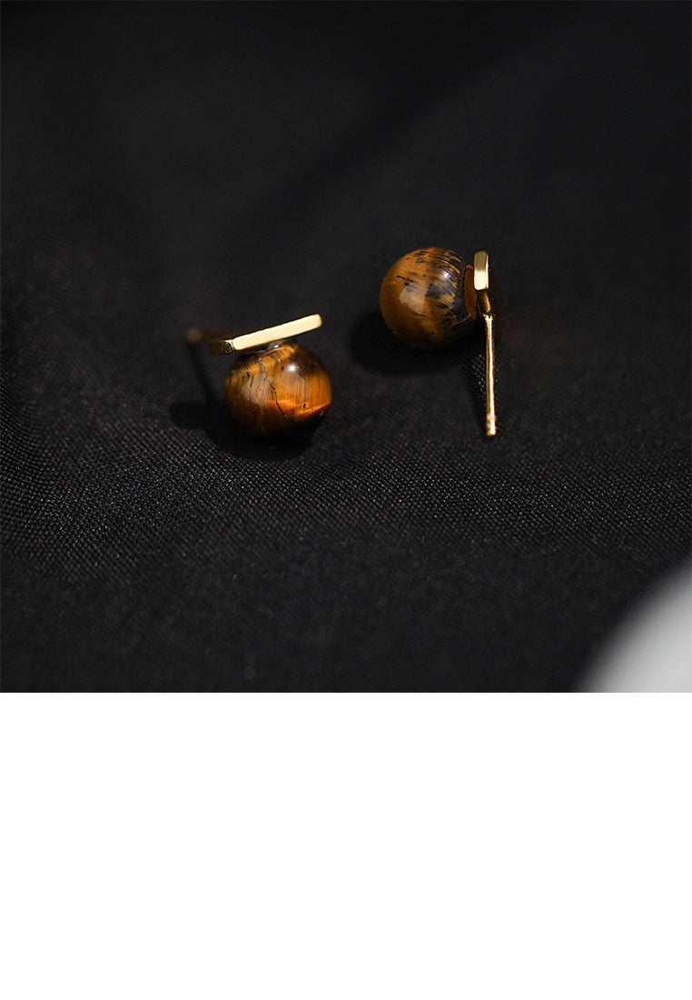 925 Sterling Silver Plated Gold Simple Vintage Geometric Round Stud Earrings