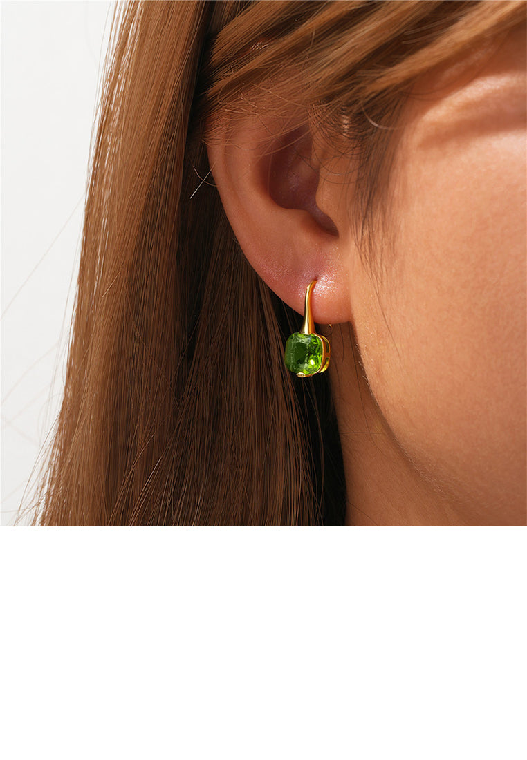 925 Sterling Silver Plated Gold Simple Fashion Geometric Square Earrings with Green Cubic Zirconia - Luxurious Look