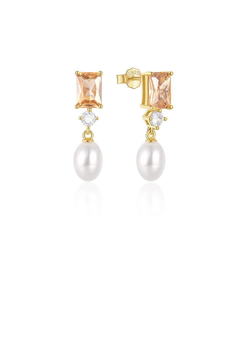 925 Sterling Silver Plated Gold Fashion Elegant Geometric Cubic Cubic Zirconia Earrings with Imitation Pearls - Luxurious Look