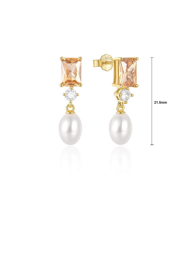 925 Sterling Silver Plated Gold Fashion Elegant Geometric Cubic Cubic Zirconia Earrings with Imitation Pearls - Luxurious Look