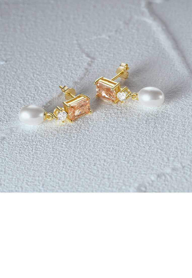 925 Sterling Silver Plated Gold Fashion Elegant Geometric Cubic Cubic Zirconia Earrings with Imitation Pearls - Luxurious Look