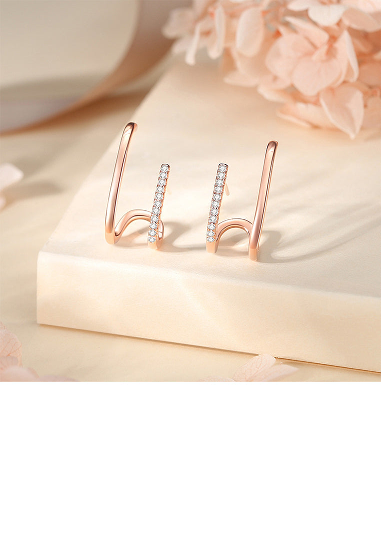 925 Sterling Silver Plated Rose Gold Simple and Personalized Double Row Geometric Stud Earrings with Cubic Zirconia - Luxurious Look