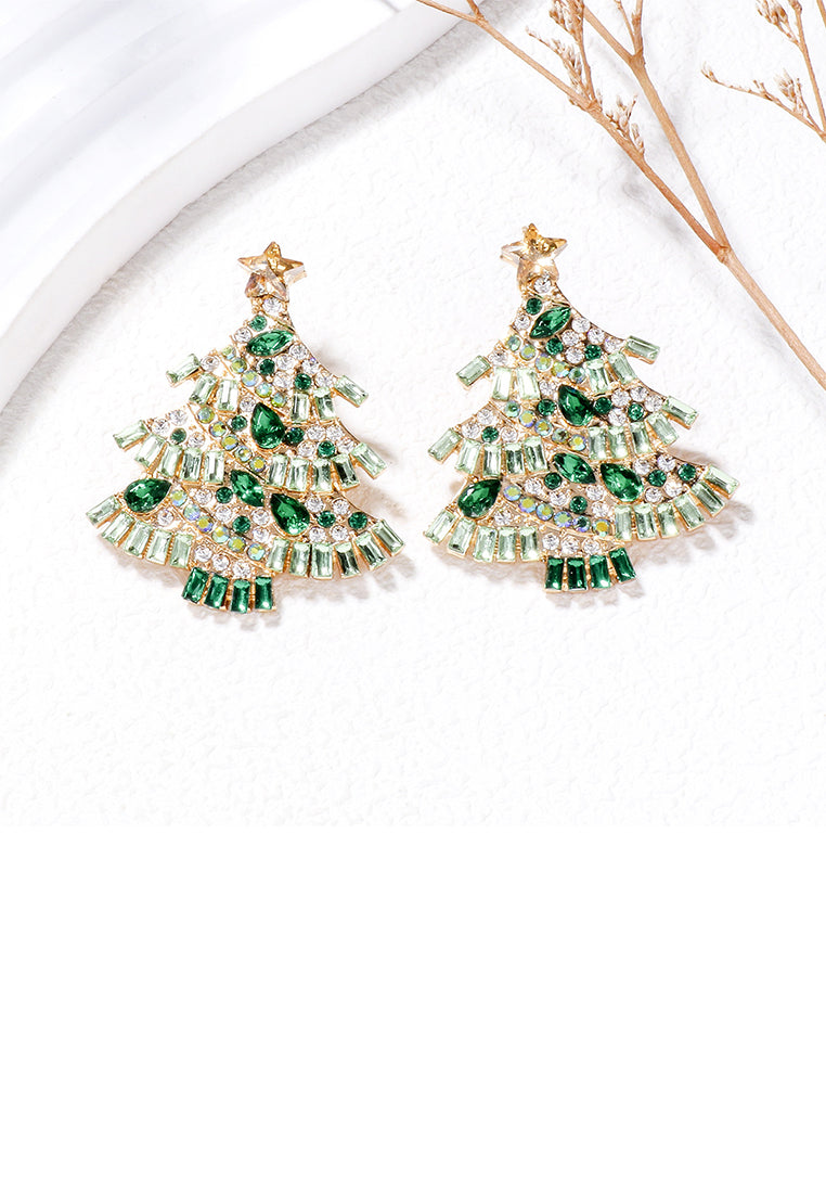Fashion Brilliant Plated Gold Christmas Tree Stud Earrings with Green Cubic Zirconia - Luxurious Look