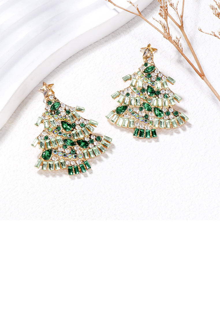 Fashion Brilliant Plated Gold Christmas Tree Stud Earrings with Green Cubic Zirconia - Luxurious Look