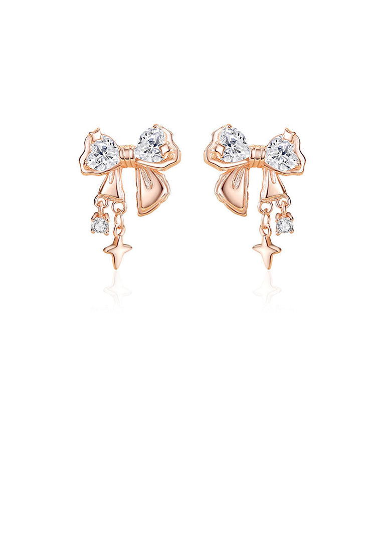 925 Sterling Silver Plated Rose Gold Sweet Fashion Ribbon Stud Earrings with Cubic Zirconia - Luxurious Look