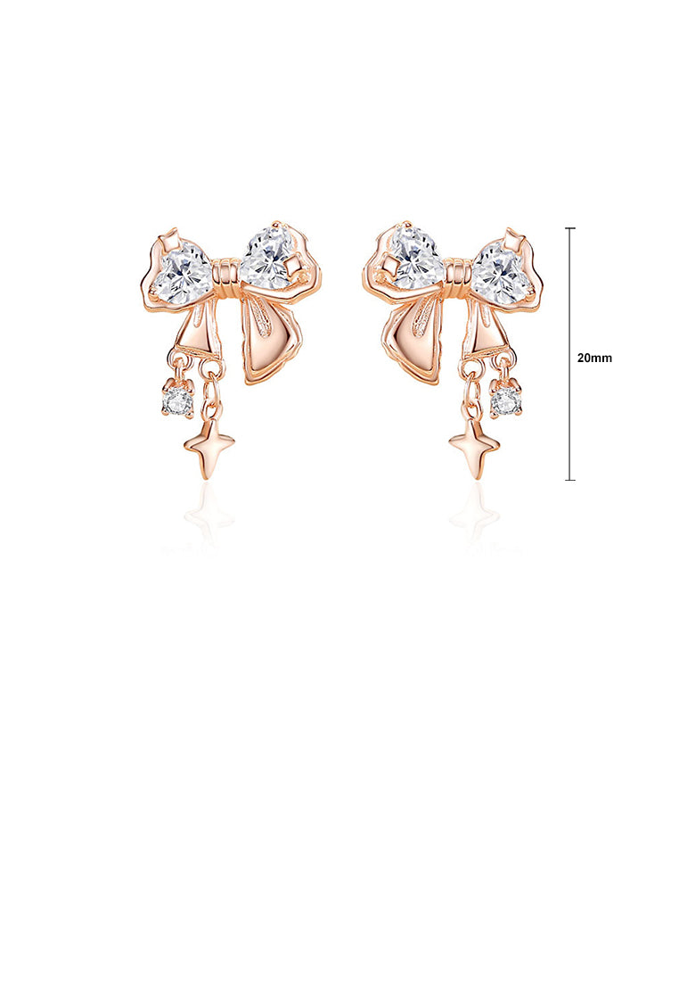 925 Sterling Silver Plated Rose Gold Sweet Fashion Ribbon Stud Earrings with Cubic Zirconia - Luxurious Look