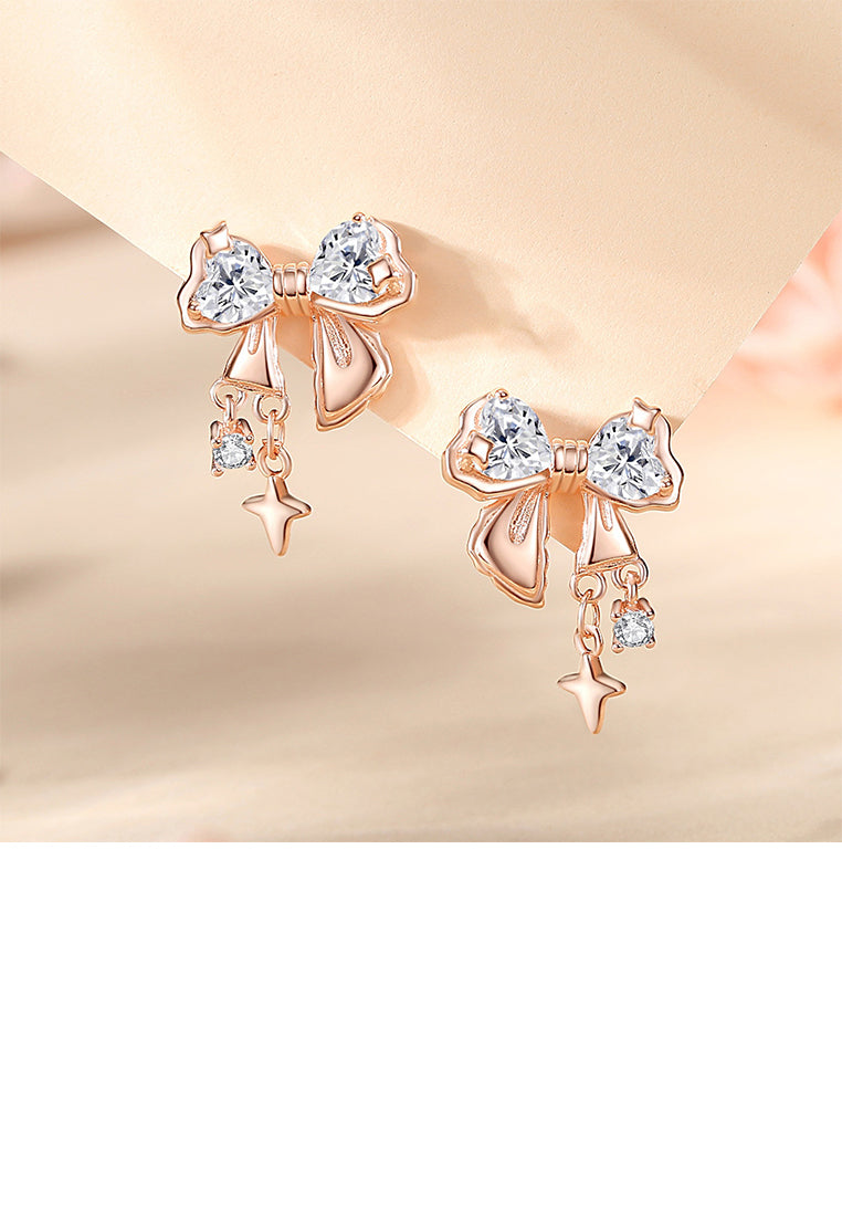925 Sterling Silver Plated Rose Gold Sweet Fashion Ribbon Stud Earrings with Cubic Zirconia - Luxurious Look