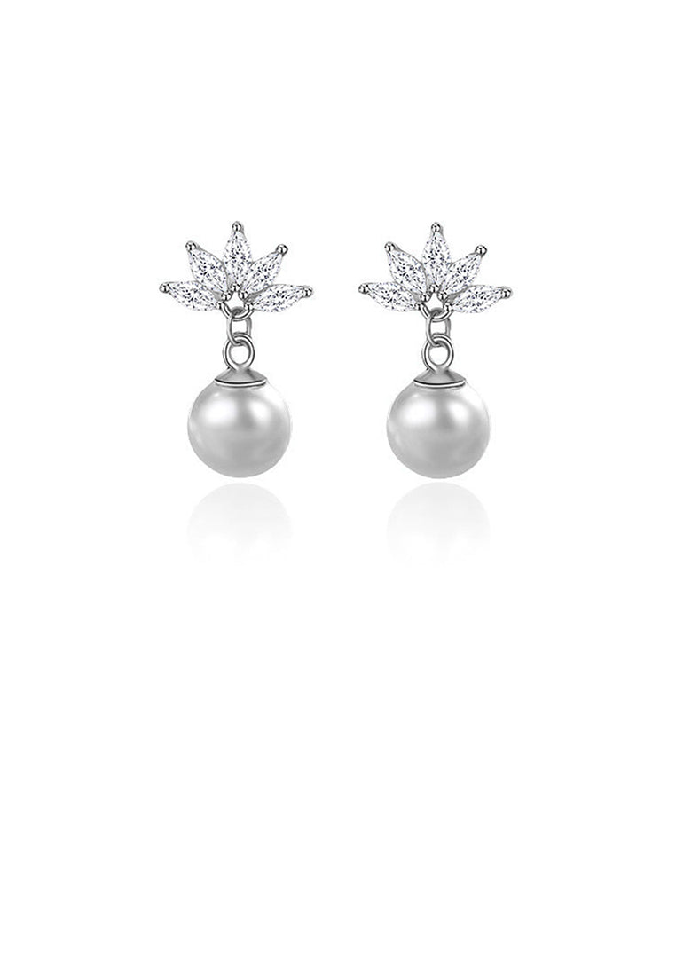 925 Sterling Silver Simple Fashion Flower Imitation Pearl Earrings with Cubic Zirconia - Luxurious Look