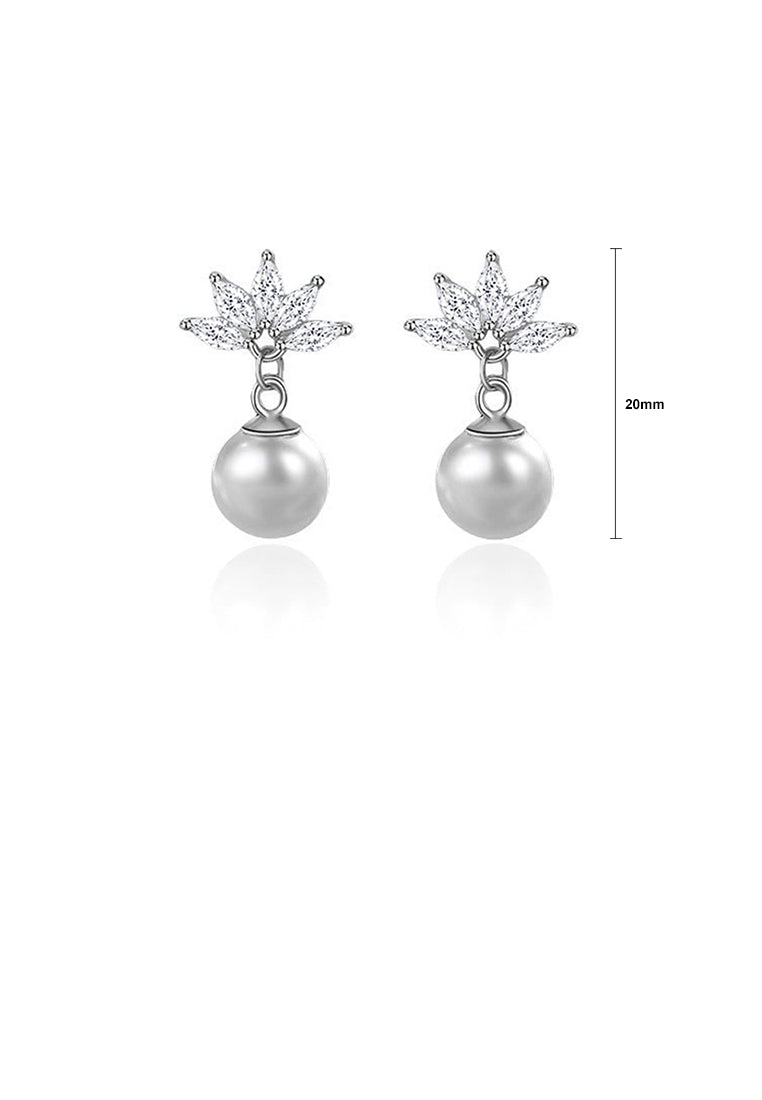 925 Sterling Silver Simple Fashion Flower Imitation Pearl Earrings with Cubic Zirconia - Luxurious Look