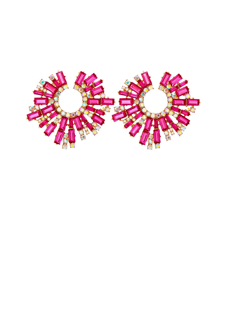 Fashion Brilliant Plated Gold Geometric Stud Earrings with Pink Cubic Zirconia - Luxurious Look - Vibrant Color