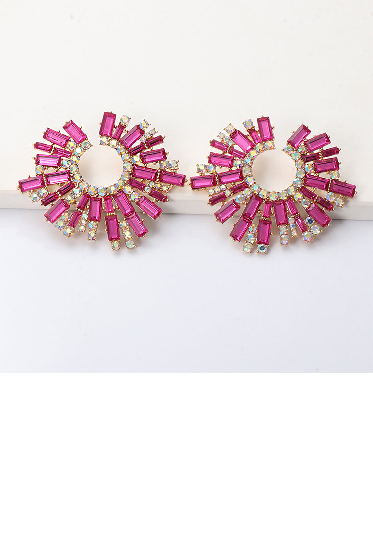 Fashion Brilliant Plated Gold Geometric Stud Earrings with Pink Cubic Zirconia - Luxurious Look - Vibrant Color