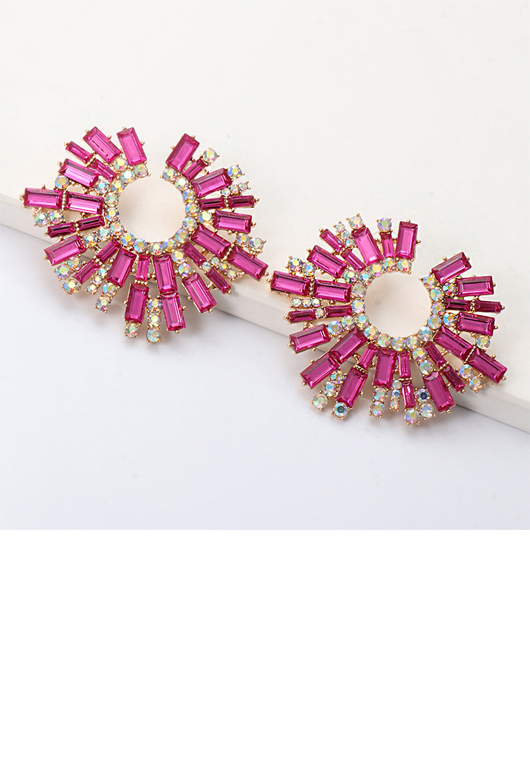 Fashion Brilliant Plated Gold Geometric Stud Earrings with Pink Cubic Zirconia - Luxurious Look - Vibrant Color
