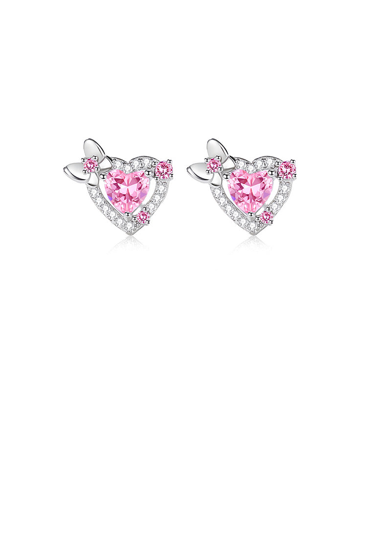 925 Sterling Silver Simple Sweet Butterfly Heart Stud Earrings with Pink Cubic Zirconia - Luxurious Look - Vibrant Color