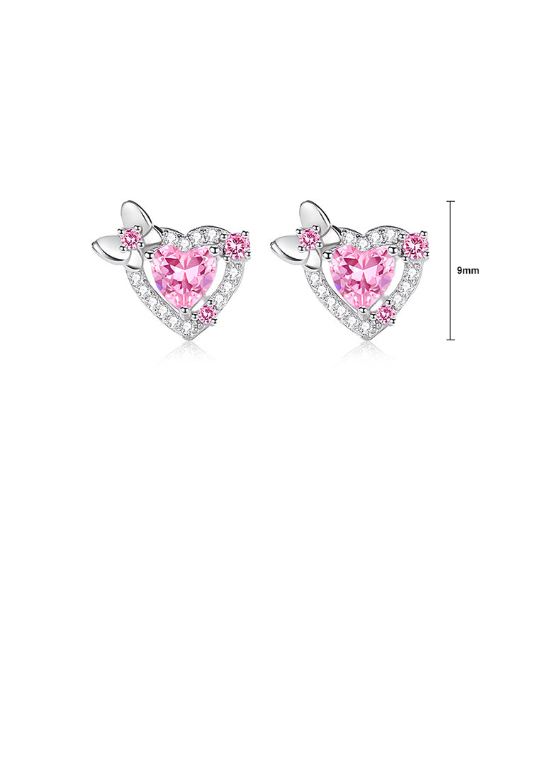 925 Sterling Silver Simple Sweet Butterfly Heart Stud Earrings with Pink Cubic Zirconia - Luxurious Look - Vibrant Color