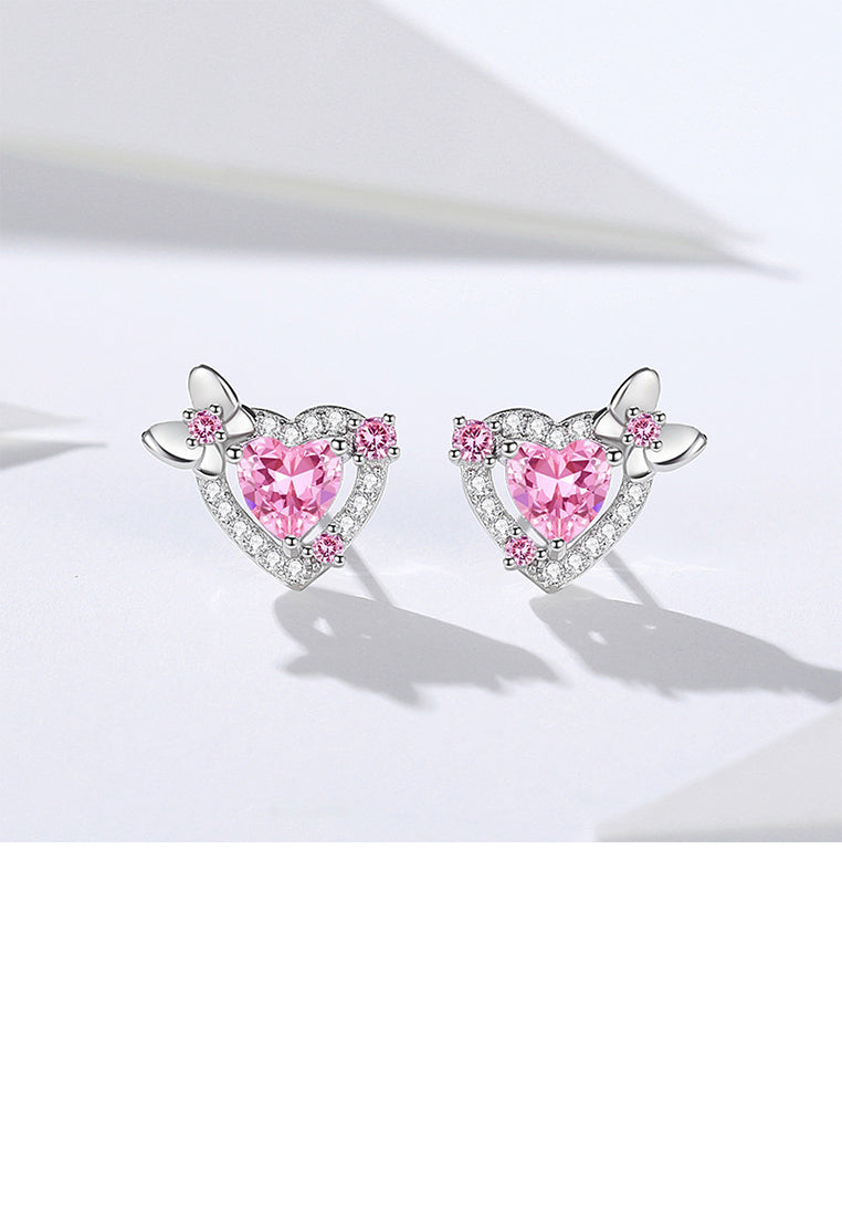 925 Sterling Silver Simple Sweet Butterfly Heart Stud Earrings with Pink Cubic Zirconia - Luxurious Look - Vibrant Color