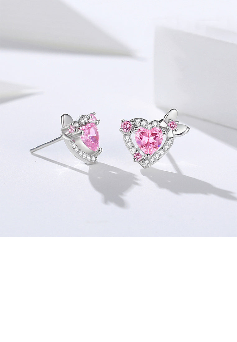 925 Sterling Silver Simple Sweet Butterfly Heart Stud Earrings with Pink Cubic Zirconia - Luxurious Look - Vibrant Color